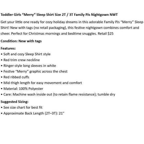 Toddler Girls “Merry” Sleep Shirt Size 2T / 3T Family PJs Nightgown NWT - Picture 2 of 5